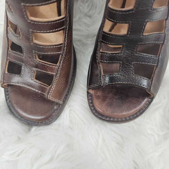 Bed Stu Occam Wedge Caged Sandals Sz 8 Teak Rustic Leather Peep Heels - Picture 9 of 10
